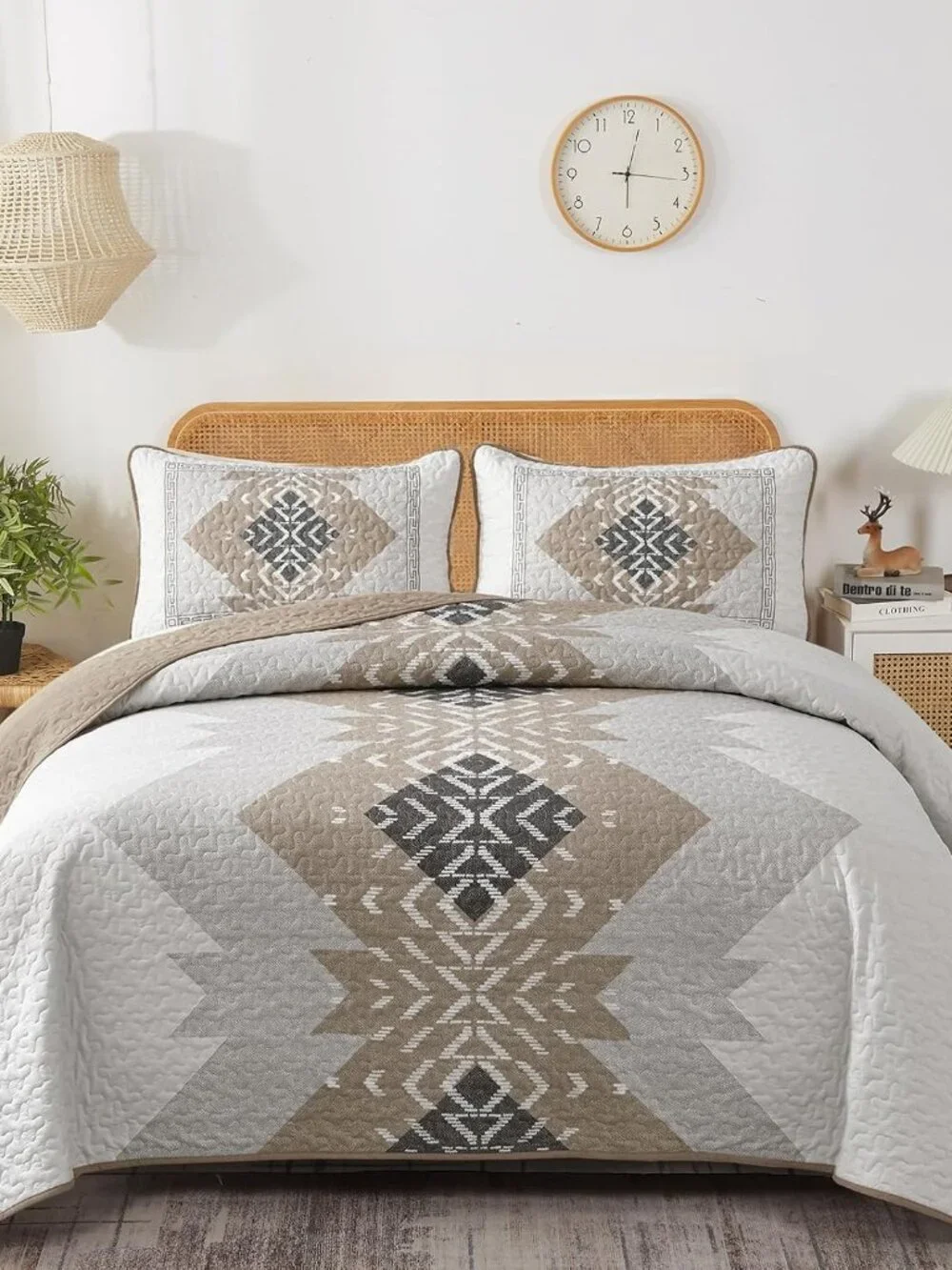Brown Boho Aztec Geometric Reversible Quilt Bedding Set